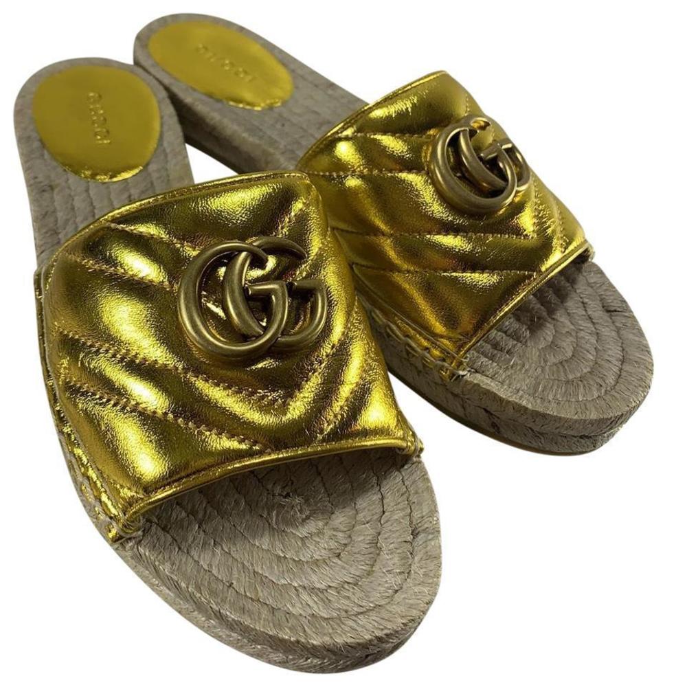 Gold Metallic GG logo Jute Classic Pool Slide Espadrilles D684